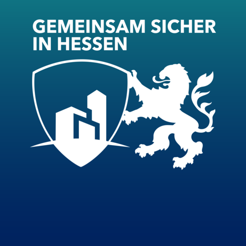 Gemeinsam Sicher In Hessen Großes Logo der Dachmarke Gemeinsam Sicher In Hessen auf blau grünem Farbverlauf